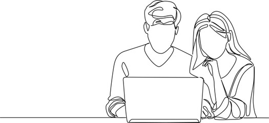 continuous single line drawing of young man and woman looking at laptop screen, line art vector illustration