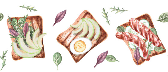 Seamless border with sandwiches. Isolated watercolor illustration in realistic style on food theme for restaurant design, packaging printing
