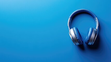 Naklejka premium Blue headphones on blue background, representing music and technology