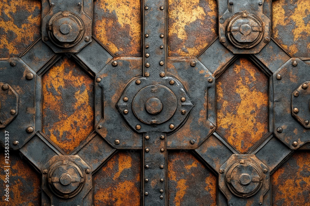 Poster rusty metallic texture with hexagonal geometric patterns and riveted components.
