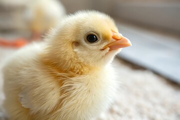 A detailed close-up shot of a baby chick with wide, bright eyes filled with curiosity. The soft feathers and warm tones highlight the innocence and charm of this tiny creature.