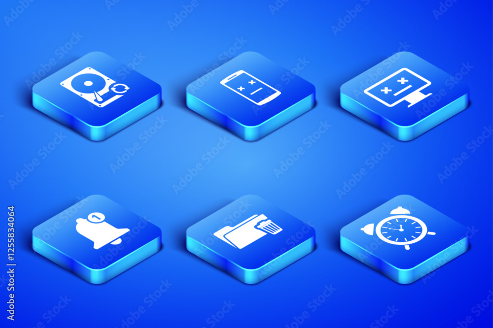 Poster set alarm clock, hard disk drive hdd sync refresh, delete folder, bell, dead mobile and monitor icon