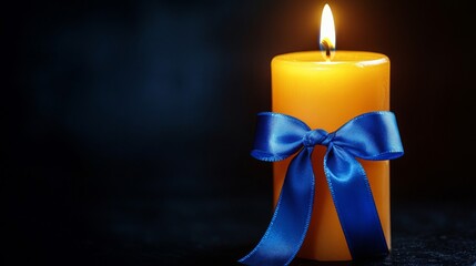 Burning Yellow Candle with Blue Ribbon on Dark Background