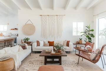 Stylish bohemian living room with macramé wall decor.