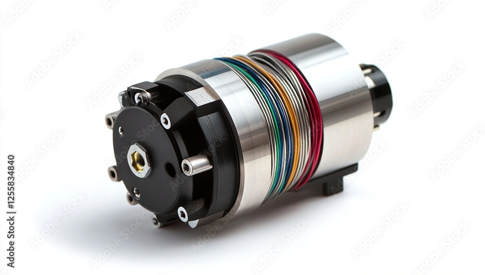 Poster precision motor: engineering detailed components, showcase multicolored wires, and advanced mechanis