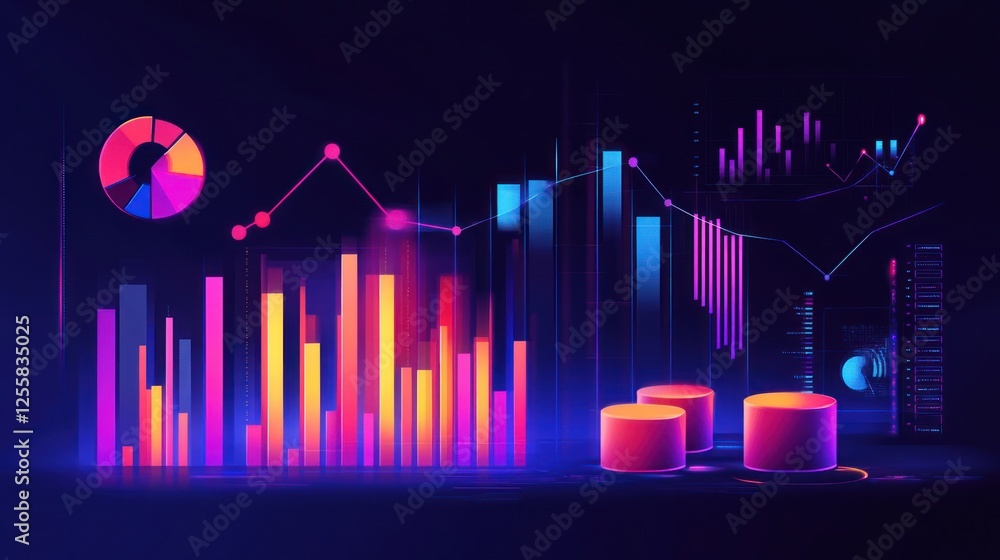 Poster vibrant financial data visualization with charts and graphs background