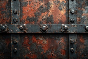 Rusty metal texture with rivets and dark patina, showing age and decay.