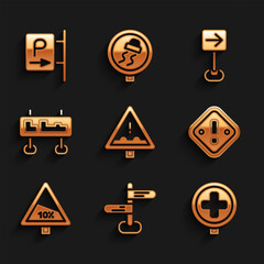 Set Uneven road ahead sign, Road traffic, Hospital, Exclamation mark in triangle, Steep ascent and descent, Traffic turn right and Parking icon. Vector