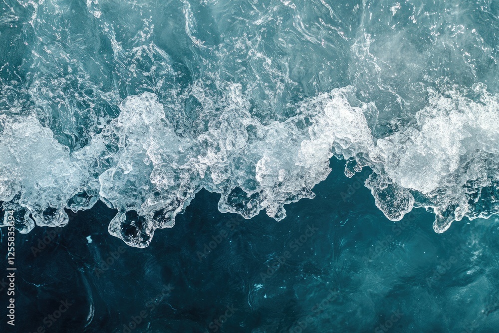 Poster white ice floes melt into a deep teal ocean, creating a stunning contrast of textures and colors.