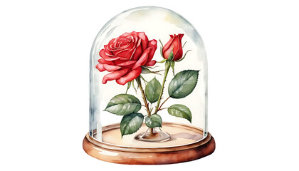 Watercolor illustration of a red rose enclosed in a glass dome