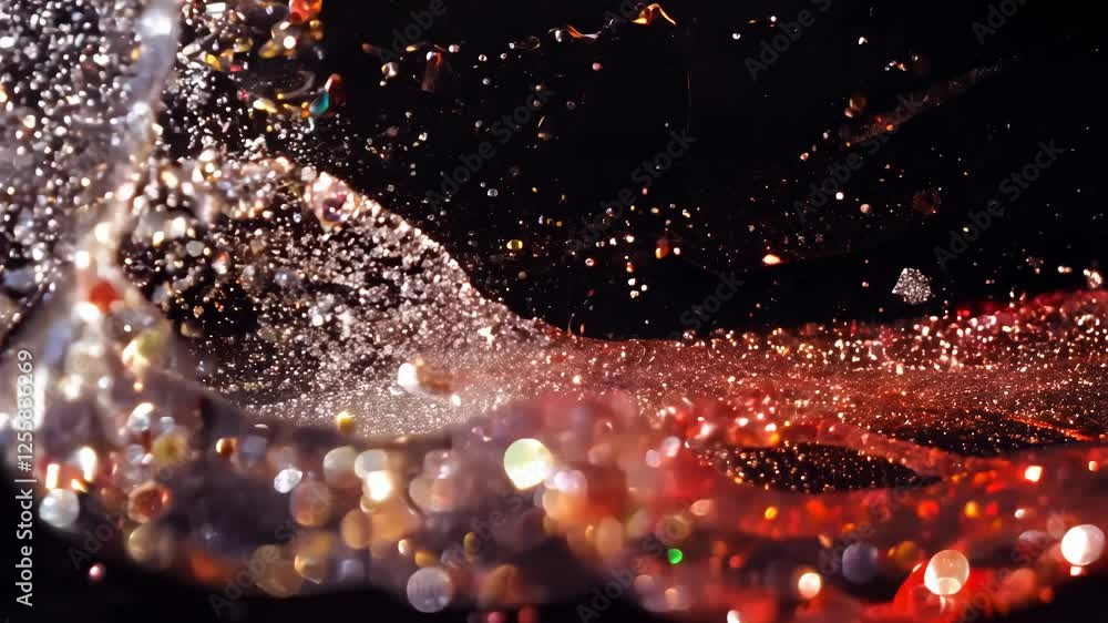 Aufkleber Dynamic drops of red and white glitter in black oil or ink diffusing through liquid, creating an abstract aquatic swirls