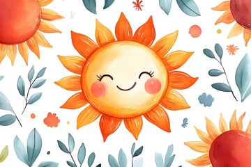 Watercolor Sun and Sunflower Illustration with Cute Faces and Leaves