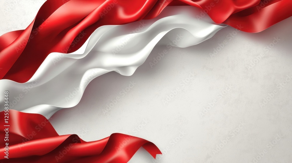 Poster flowing fabric design of a red and white flag on a soft textured background