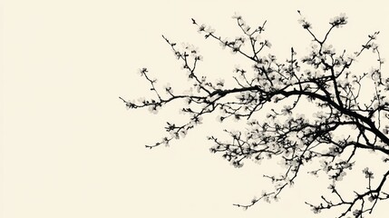 Minimalist Cherry Blossom Branch: Nature's Elegance in Black and White Photography