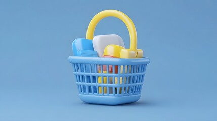 Fototapeta premium 3D Shopping Basket with Floating Products on Clean Background,Representing E-commerce