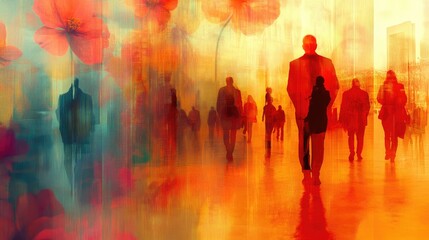 Obraz premium Abstract Urban Silhouettes in Vibrant Watercolor with Floral Accents