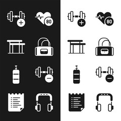 Set Sport bag, Uneven bars, Dumbbell, Heart rate, Punching, Headphones and training program icon. Vector