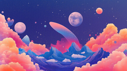 Cosmic Dreamscape: An ethereal dreamscape unfolds, painting the sky with vibrant hues of pink and blue, as swirling clouds gather around a majestic mountain range.