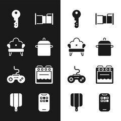 Set Cooking pot, Sofa, House key, Bed, Gamepad, Oven, Mobile Apps and Cutting board icon. Vector