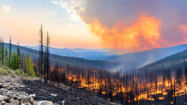 Fire burning in a distant forest representing climate change and environmental impact