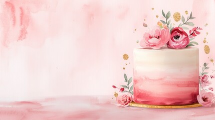 Elegant Watercolor Cake with Pink Flowers and Soft Background