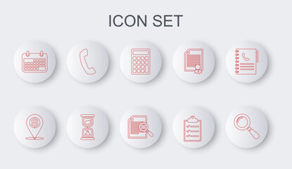 Set line Magnifying glass, Cash location pin, Calculator, Clipboard with checklist, Calendar, Telephone handset, Old hourglass and Document search icon. Vector