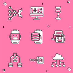 Set Neural network, Algorithm, Chat bot, Cloud technology data transfer, Server, Data and Binary code icon. Vector