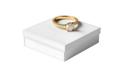 White box with gold diamond ring stand lying mockup png