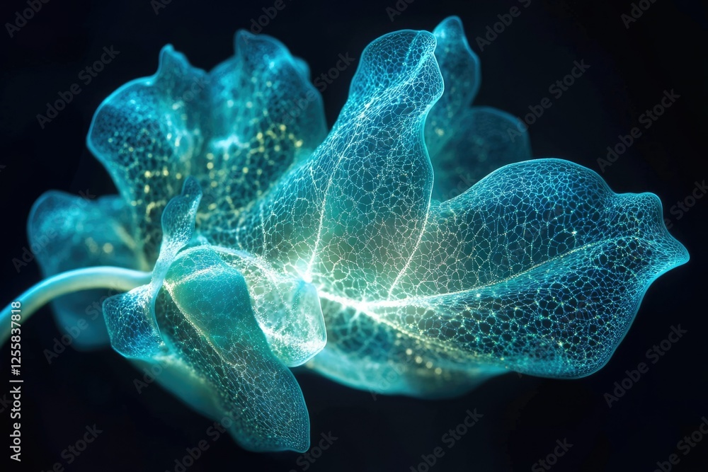 Poster glowing teal flower with intricate vein-like network, ethereal and delicate.
