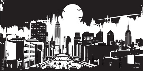 Obraz premium City landscape. Line urban backdrop. Different buildings on street, outline cityscape hand sketch, flat houses. Hand drawn vector illustration