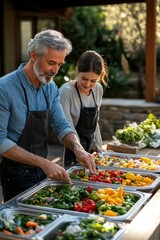 Couple Prepares Fresh Organic Vegetables Outdoors in Rustic Setting