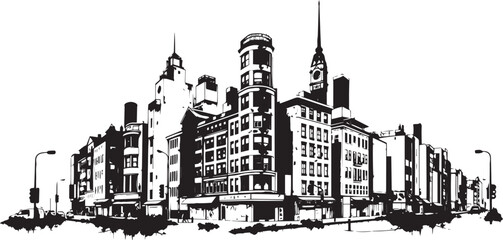 Obraz premium City landscape. Line urban backdrop. Different buildings on street, outline cityscape hand sketch, flat houses. Hand drawn vector illustration