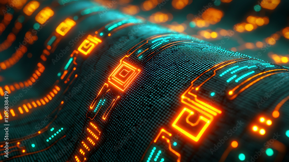 Poster abstract digital circuit board texture. glowing orange and teal lines on a dark background create a 
