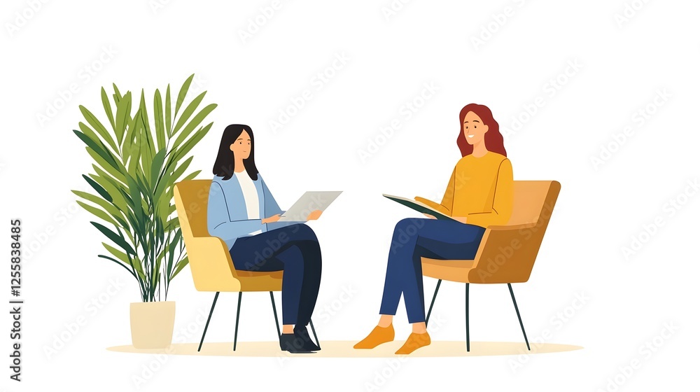 Poster marketer conducting one-on-one product feedback interview with customer in casual office setting