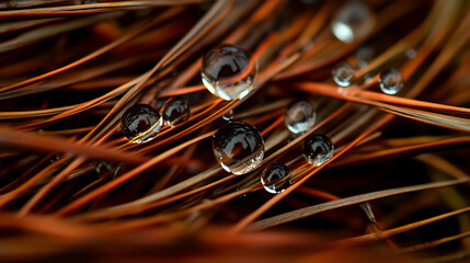 Macro shot of dew drops on rich, brown pine needles.  Intricate detail showcases natures beauty, perfect for backgrounds, websites, or naturethemed projects. Evokes feelings of serenity and freshness.