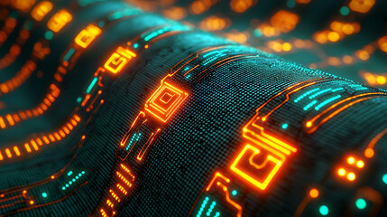 Abstract digital circuit board texture. Glowing orange and teal lines on a dark background create a futuristic, hightech feel. Perfect for tech, AI, or data visualization projects.