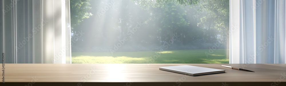 Fototapete A serene workspace with soft sunlight streaming through a window, illuminating a wooden table with a notepad and pen.