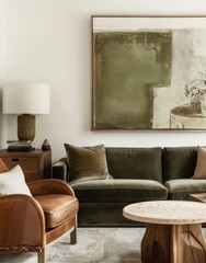 Mid-century modern living room with a muted olive green velvet sofa, brown leather armchair and coffee table