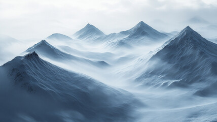 Obraz premium Snow-covered mountain ridges under dense swirling fog, only the highest peaks breaking through the misty white sea.