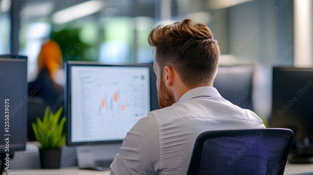 Poster marketers analyzing consumer insights through charts and graphs on monitors in modern office