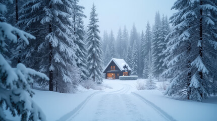A winter scene with snow-covered pine trees and a warm cabin.

