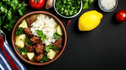 Authentic Senegalese Cuisine with Rice, Meat, and Fresh Vegetables on Dark Background for Culinary Inspiration