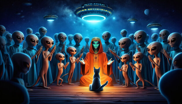 cat aliens worship ceremony pray space ritual gathering ufo telepathy invasion hypnosis colonization intelligence