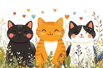 Three Adorable Cartoon Cats in a Floral Setting
