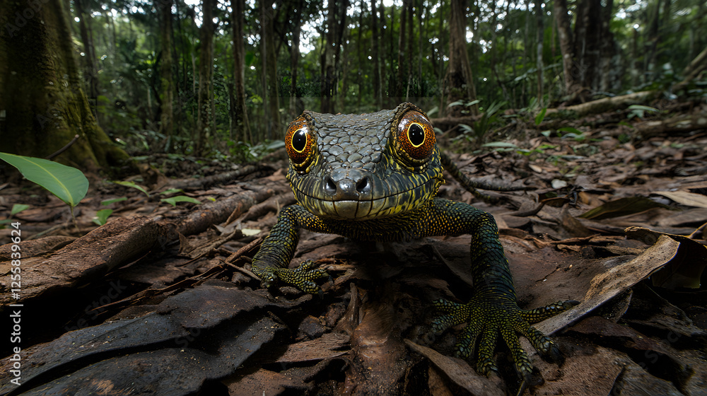 Poster lizard resting on a branch in a lush forest environment with greenery and plants in madagascar