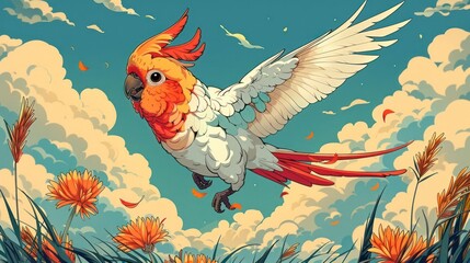 Fototapeta premium A colorful, whimsical illustration of a flying bird amidst clouds and flowers.