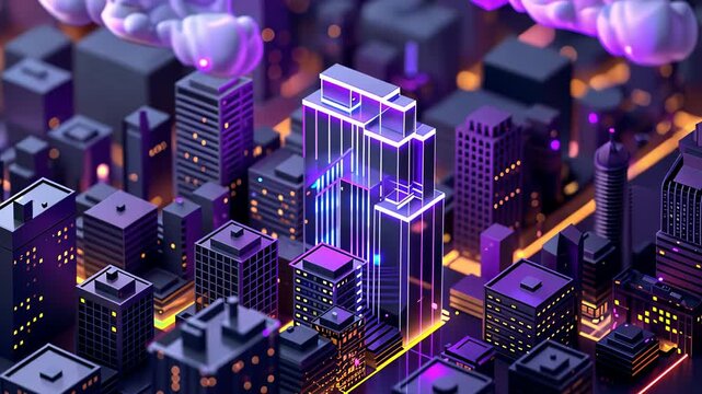 A vibrant, futuristic cityscape with neon-lit buildings and floating clouds, creating a dynamic and visually striking atmosphere.