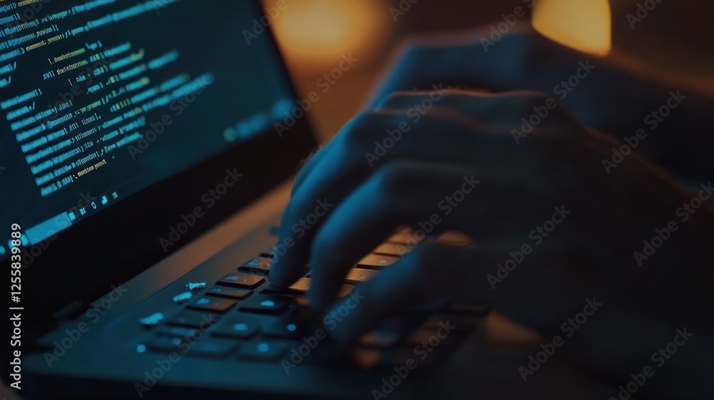 Poster coding late at night, hands typing code on a laptop in dim lighting