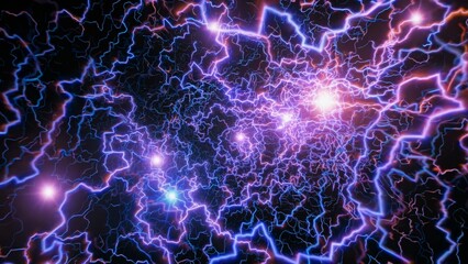 Dynamic electrical network branching in vibrant purple and blue, spreading across dark background with plasma like energy visualization and intricate interconnected patterns
