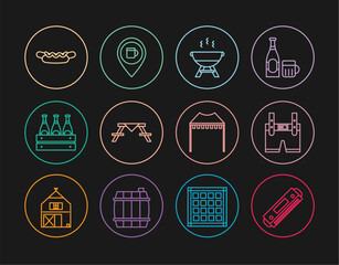 Set line Harmonica, Lederhosen, Barbecue grill, Picnic table with benches, Pack of beer bottles, Hotdog sandwich, Camping tent and Alcohol or bar location icon. Vector